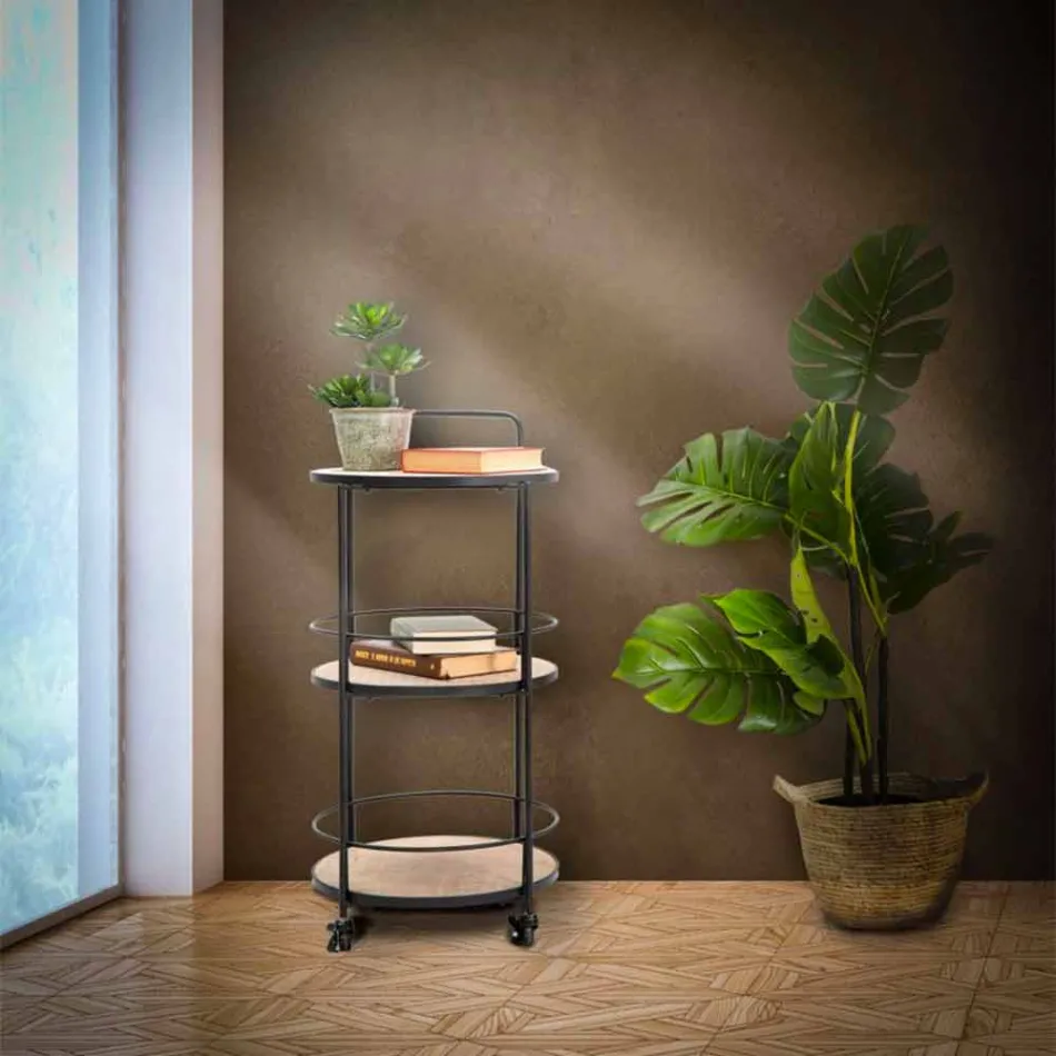 Masă de cafea cu design modern în fier și MDF cu roți și 3 rafturi - Lennox Viadurini