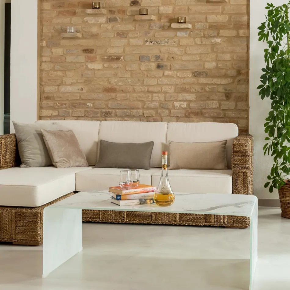 Masă de cafea din sticlă securizată curbată de 10 mm cu efect de marmură - Aiello Viadurini