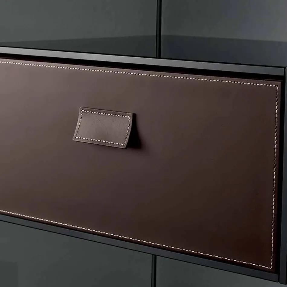 Măsuță canapea sau noptieră din sticlă afumată cu sertar din piele - Linzy Viadurini