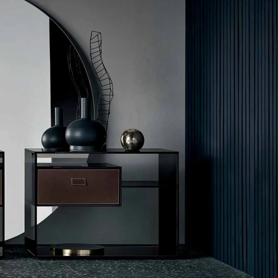 Măsuță canapea sau noptieră din sticlă afumată cu sertar din piele - Linzy Viadurini