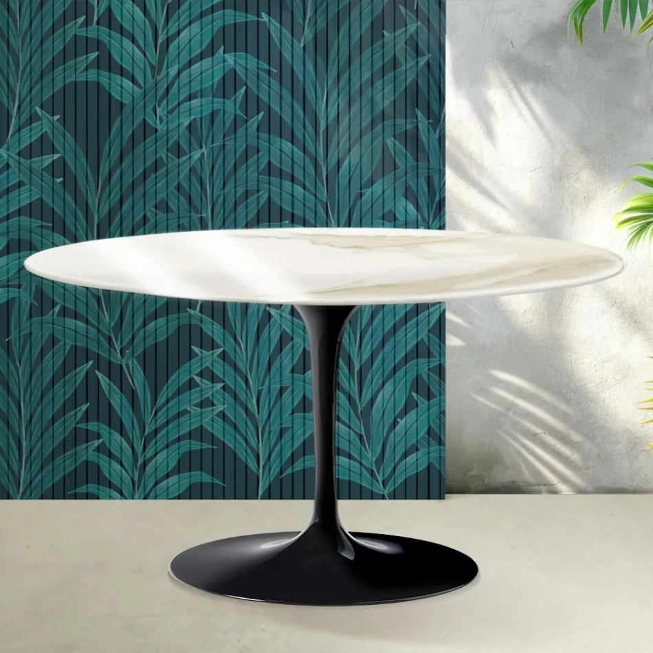 Masă de cafea ovală Saarinen Tulip, H 41 cm, ceramică lucioasă Calacatta Gold Florim - Scarlet Viadurini
