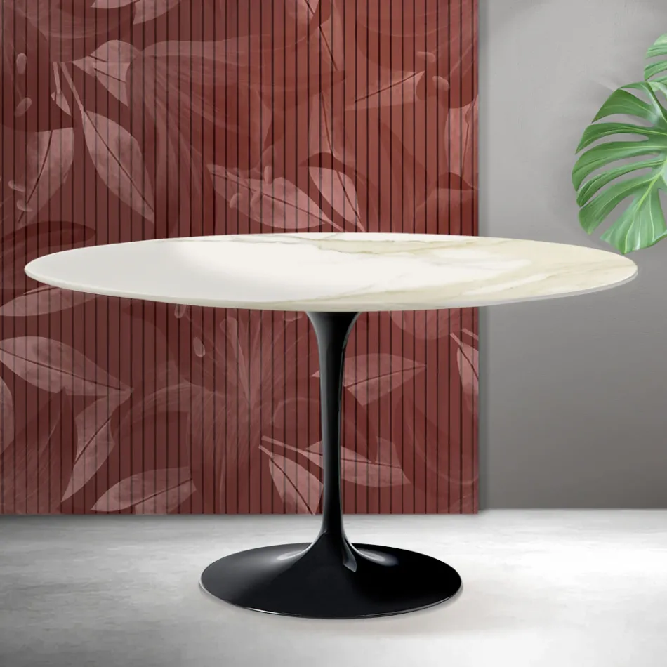 Masă de cafea ovală Saarinen Tulip, H 41 cm, din ceramică Florim Calacatta aurie mată - Scarlet Viadurini