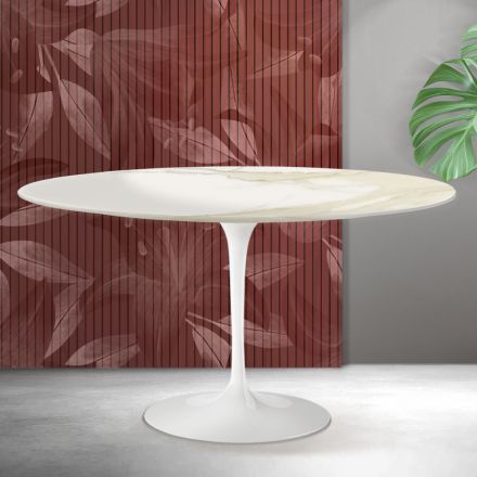 Masă de cafea ovală Saarinen Tulip, H 41 cm, din ceramică Florim Calacatta aurie mată - stacojiu Viadurini