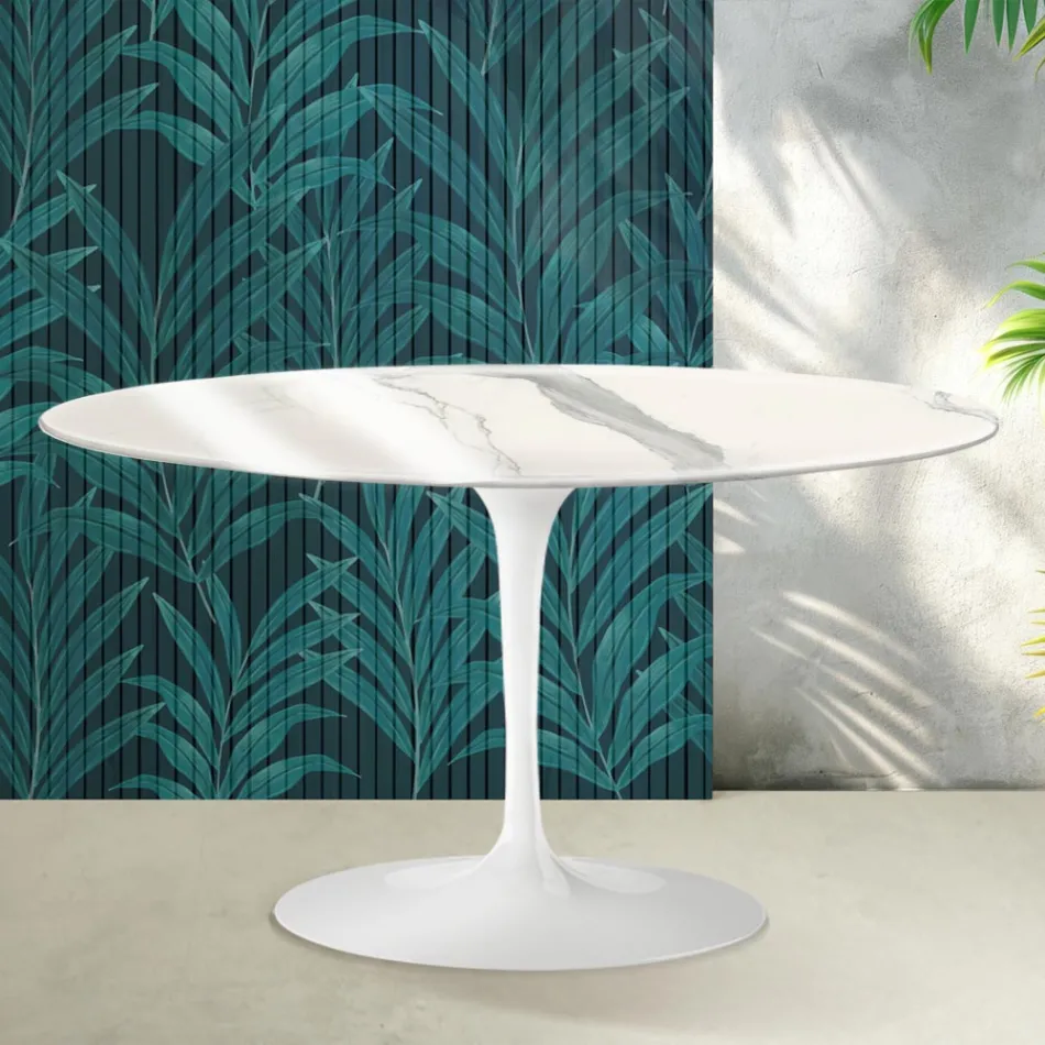 Masă de cafea ovală Saarinen Tulip, 41 cm, în ceramică lucioasă Statuario Florim - Stacojiu Viadurini