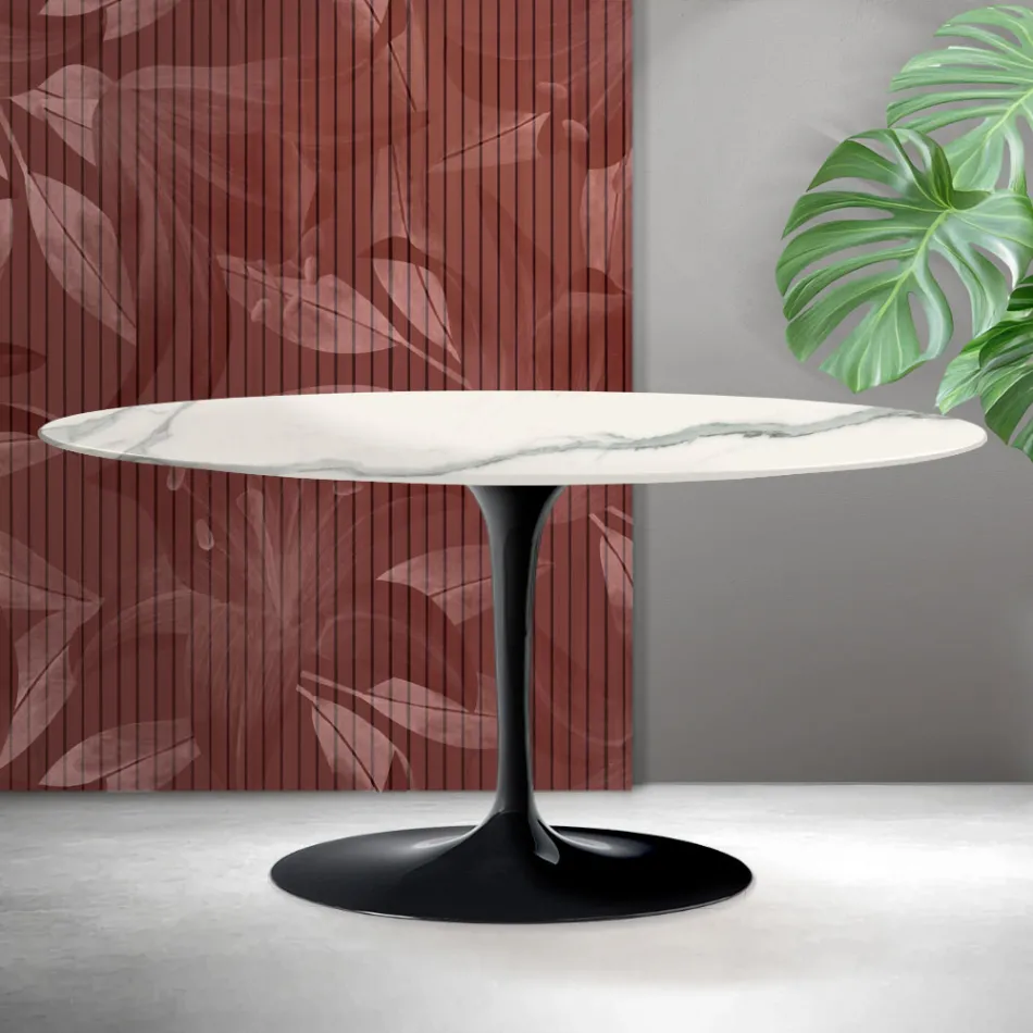Masă de cafea ovală Saarinen Tulip, H 41 cm, din ceramică mată Florim Statuario - Stacojiu Viadurini