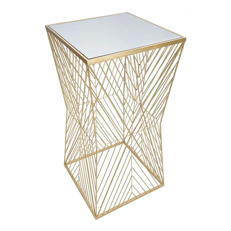 Masa telefonica din fier auriu si blat din sticla cu oglinda - Olivia Viadurini