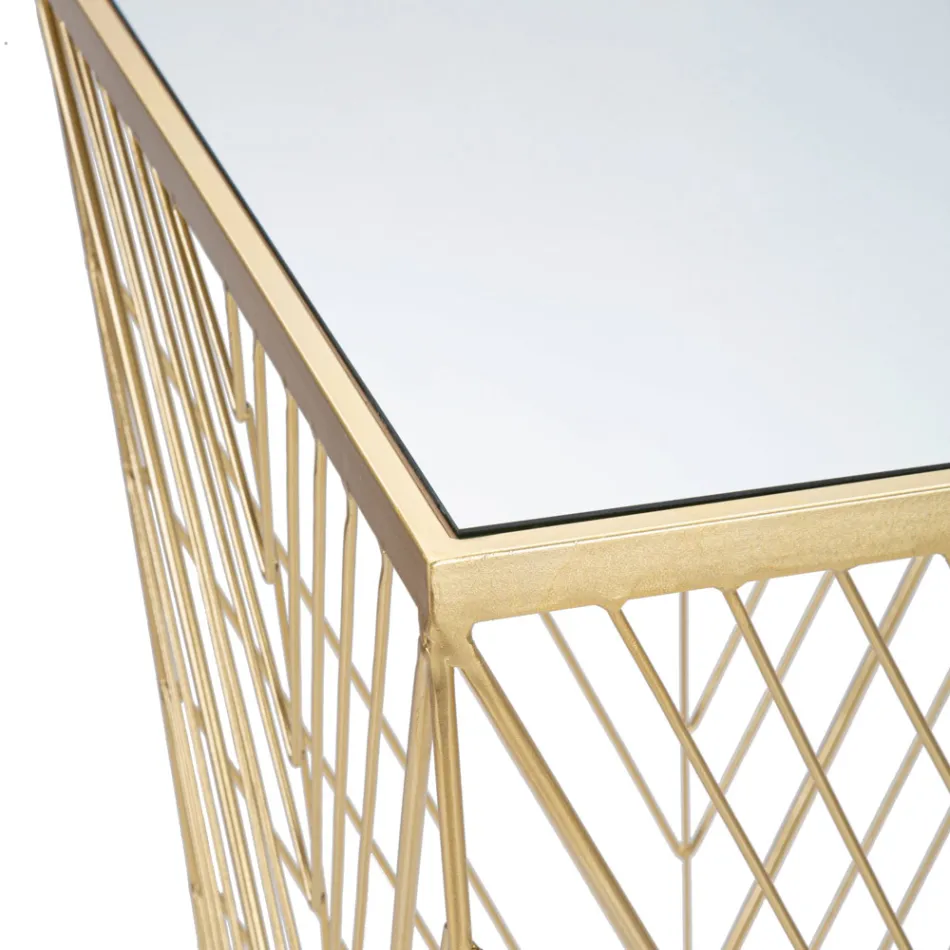 Masa telefonica din fier auriu si blat din sticla cu oglinda - Olivia Viadurini