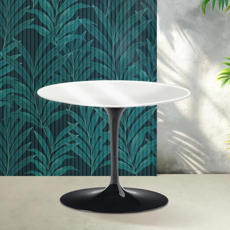 Masă de cafea rotundă Saarinen Tulip, H 41 cm, ceramică Florim albă lucioasă - stacojiu Viadurini