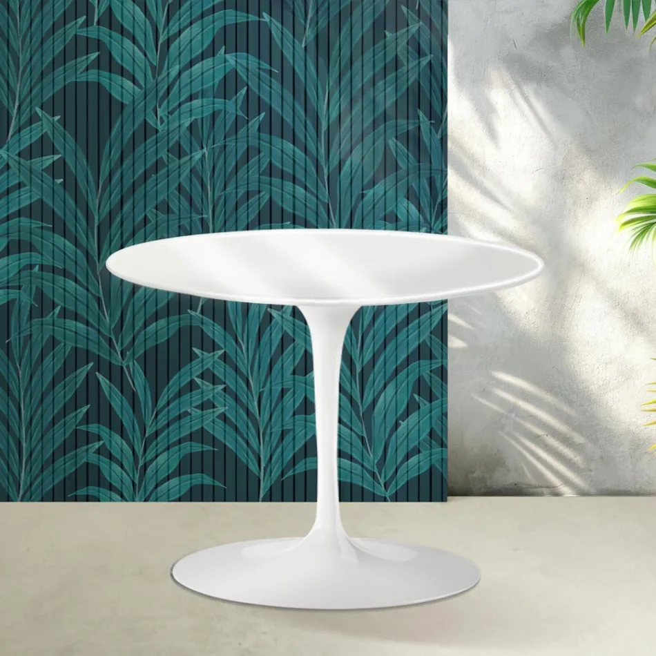Masă de cafea rotundă Saarinen Tulip, H 41 cm, ceramică Florim albă lucioasă - stacojiu Viadurini