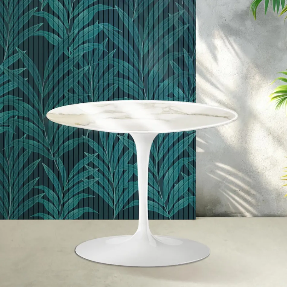 Masă de cafea rotundă Saarinen Tulip, H 41 cm, din ceramică Florim Calacatta aurie lucioasă - Stacojiu Viadurini