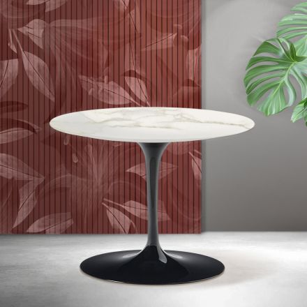 Masă de cafea rotundă Saarinen Tulip, H 41 cm, din ceramică Florim Calacatta aurie mată - Scarlet Viadurini