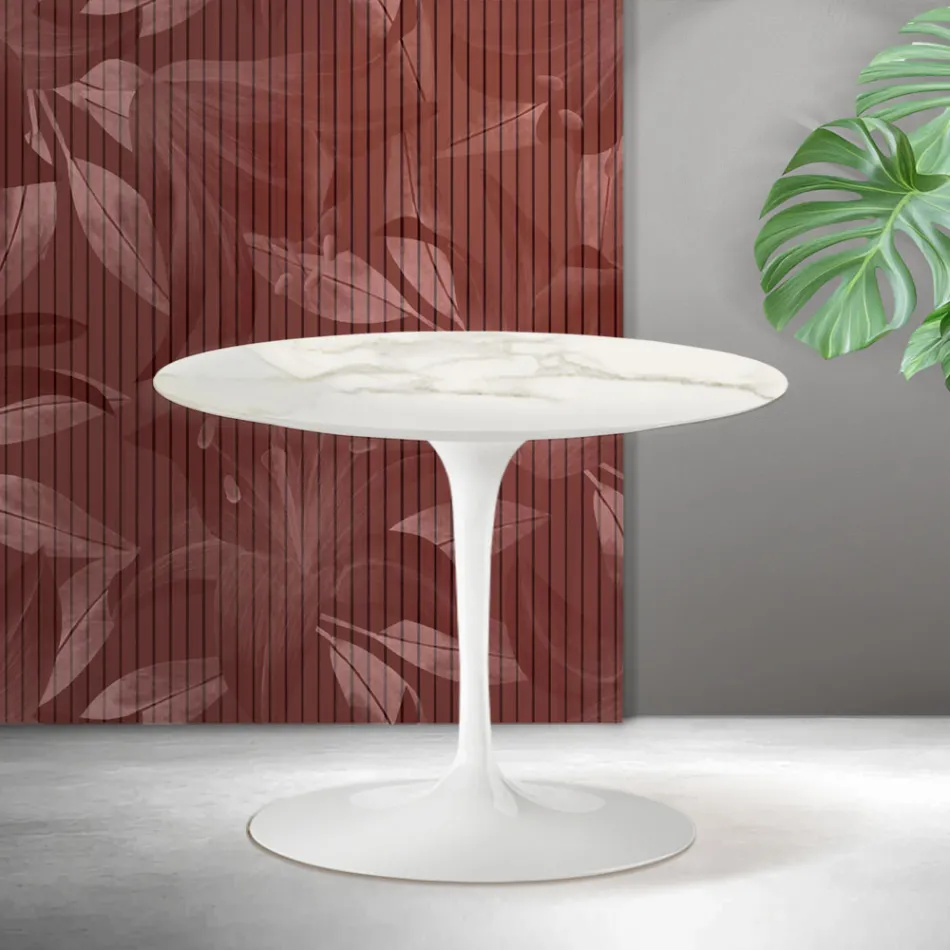 Masă de cafea rotundă Saarinen Tulip, H 41 cm, din ceramică Florim Calacatta aurie mată - Scarlet Viadurini
