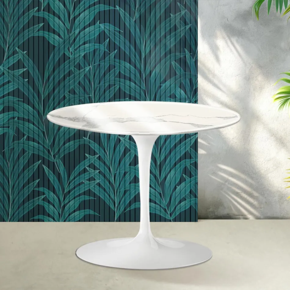 Masă de cafea rotundă Saarinen Tulip, H 41 cm, ceramică lucioasă Statuario Florim - Stacojiu Viadurini