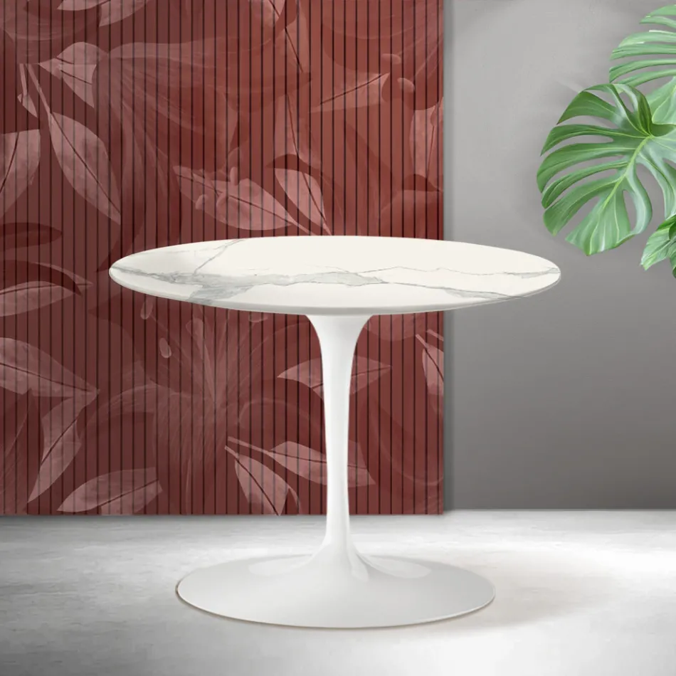 Masă de cafea rotundă Saarinen Tulip, H 41 cm, din ceramică mată Florim Statuario - Stacojiu Viadurini