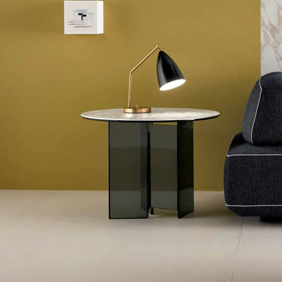 Măsuță de cafea laterală pentru canapea din sticlă afumată și blat rotund din ceramică - Random Viadurini