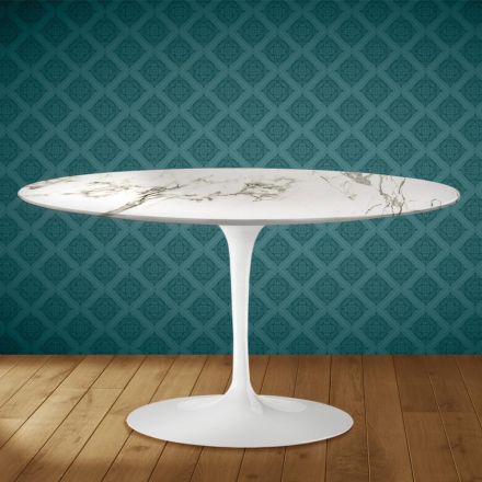 Masă de cafea ovală Eero Saarinen H 41 Tulip din ceramică Aura 22, fabricată în Italia - Stacojiu Viadurini