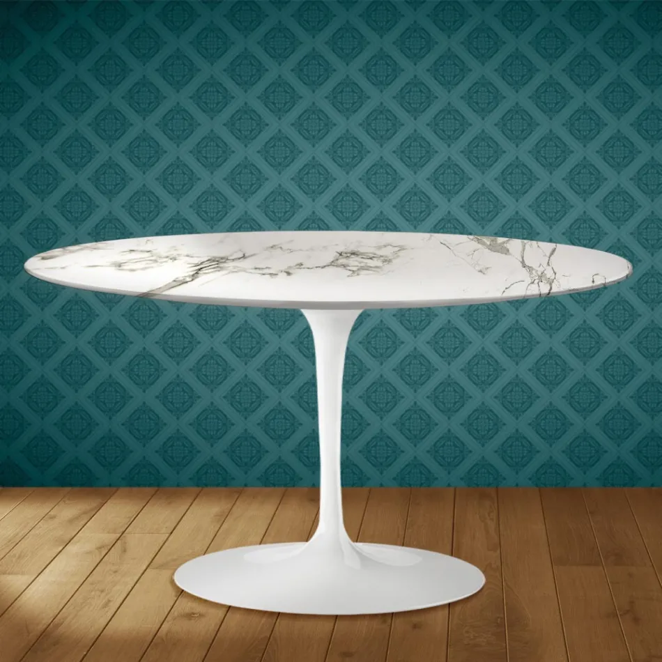 Masă de cafea ovală Eero Saarinen H 41 Tulip din ceramică Aura 22, fabricată în Italia - Stacojiu Viadurini