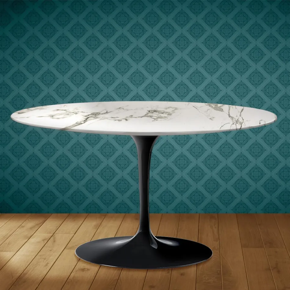 Masă de cafea ovală Eero Saarinen H 41 Tulip din ceramică Aura 22, fabricată în Italia - Stacojiu Viadurini