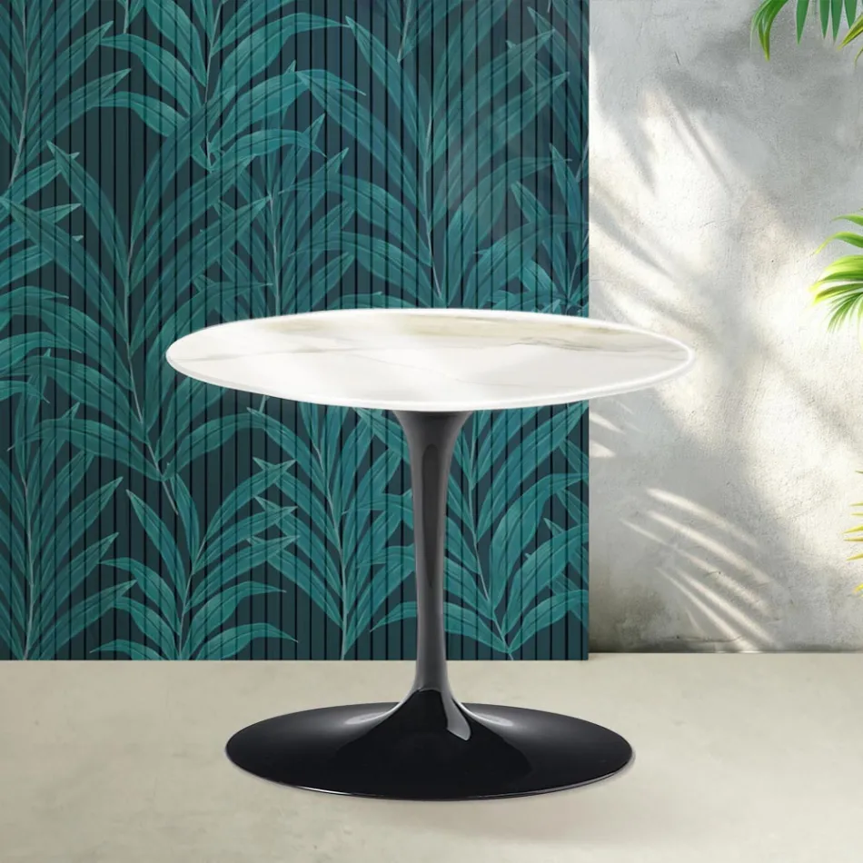 Masă de cafea Saarinen Tulip, H 39 cm, ceramică lucioasă Calacatta Gold Florim - Stacojiu Viadurini