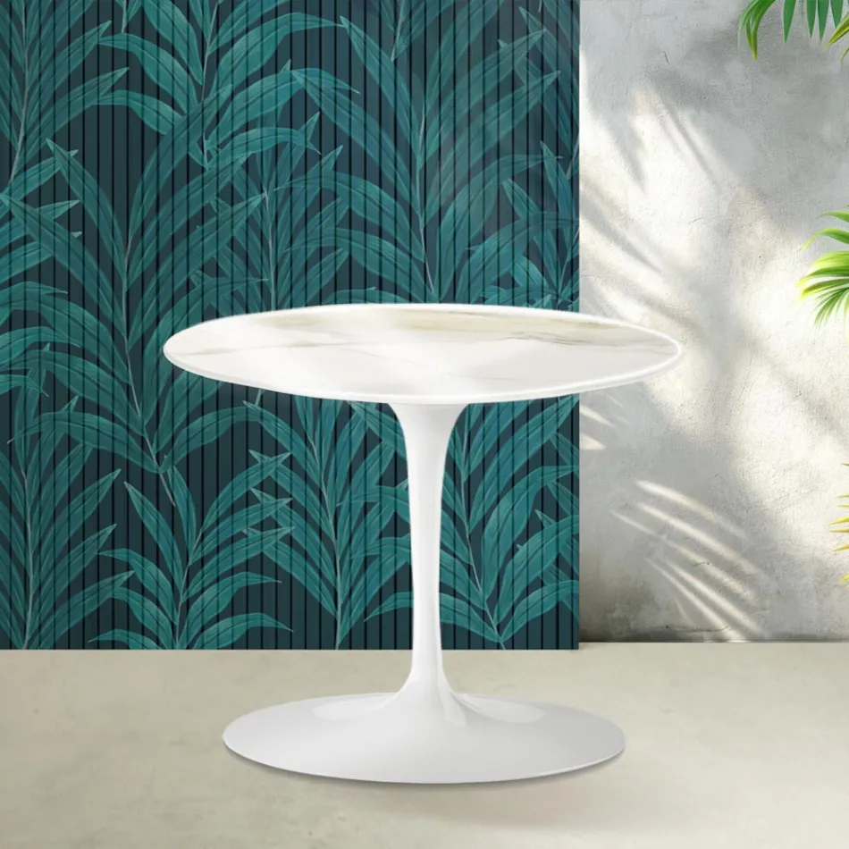 Masă de cafea Saarinen Tulip, H 39 cm, ceramică lucioasă Calacatta Gold Florim - Stacojiu Viadurini