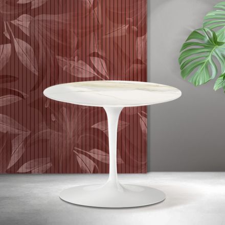 Masă de cafea Saarinen Tulip, H 39 cm, din ceramică Florim Calacatta aurie mată - Stacojiu Viadurini