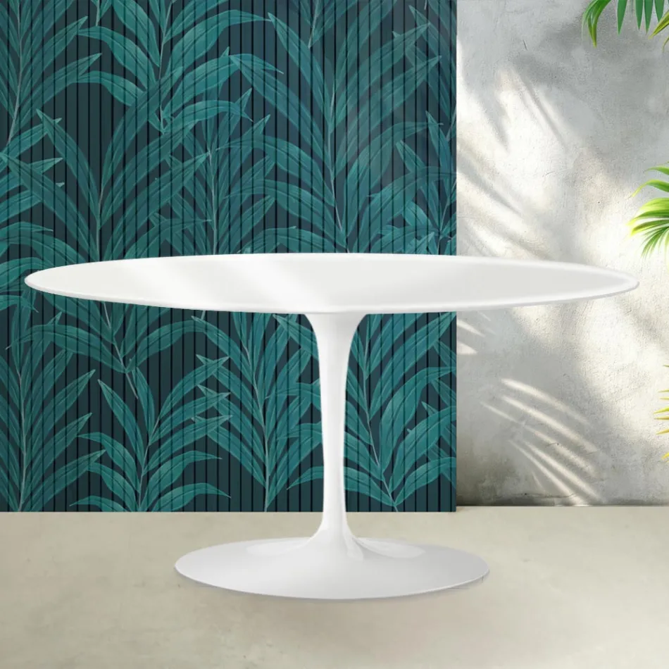 Masă de cafea Saarinen Tulip, H 41 cm, ceramică Florim albă lucioasă - stacojiu Viadurini