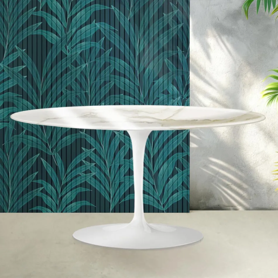 Masă de cafea Saarinen Tulip, H 41 cm, ceramică aurie lucioasă Florim Calacatta - Stacojiu Viadurini