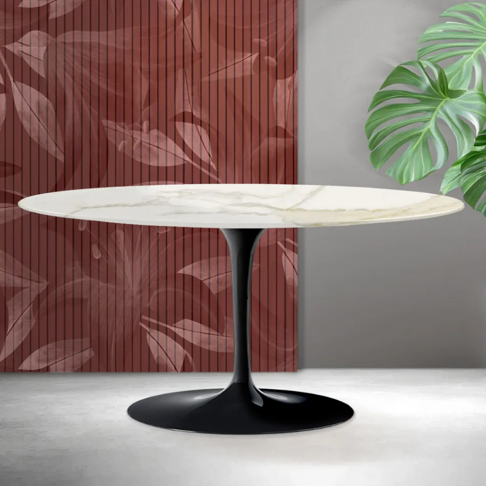 Masă de cafea Saarinen Tulip, H 41 cm, din ceramică Florim Calacatta aurie mată - Scarlet Viadurini