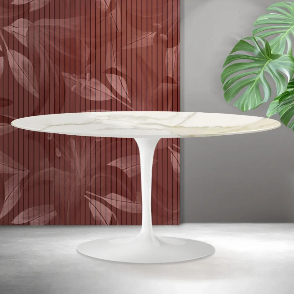 Masă de cafea Saarinen Tulip, H 41 cm, din ceramică Florim Calacatta aurie mată - Scarlet Viadurini
