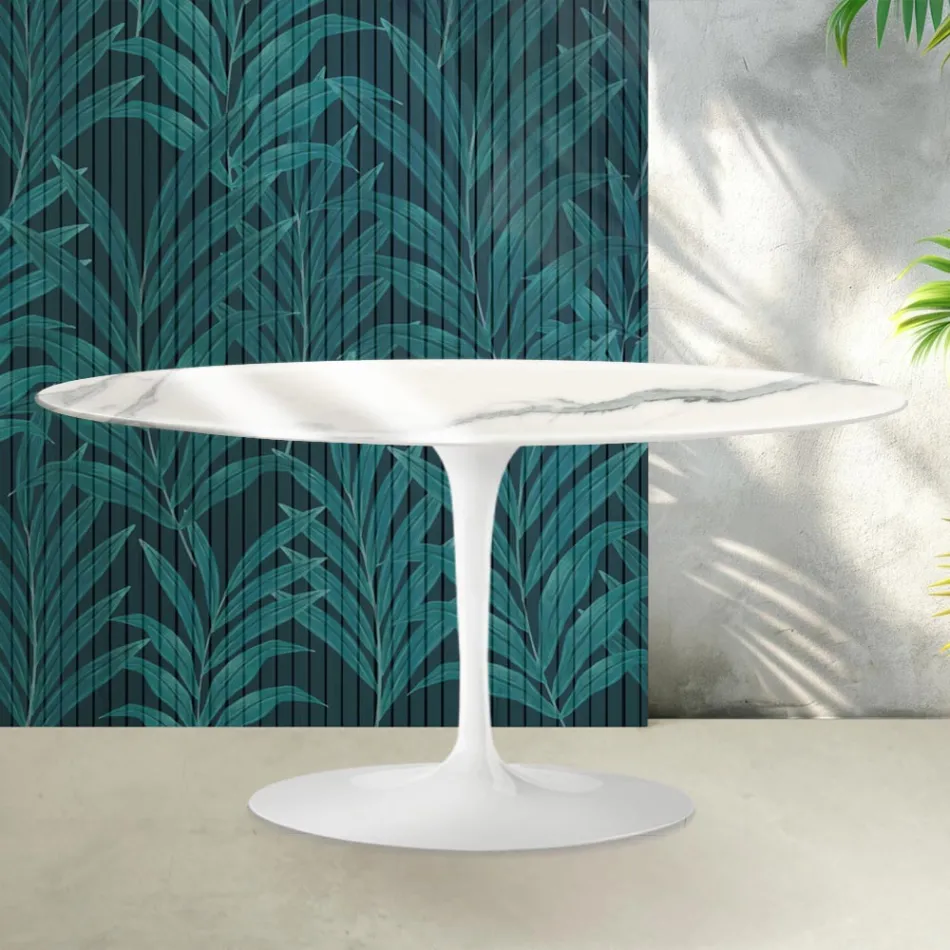 Masă de cafea Saarinen Tulip, H 41 cm, ceramică lucioasă Statuario Florim - Stacojiu Viadurini