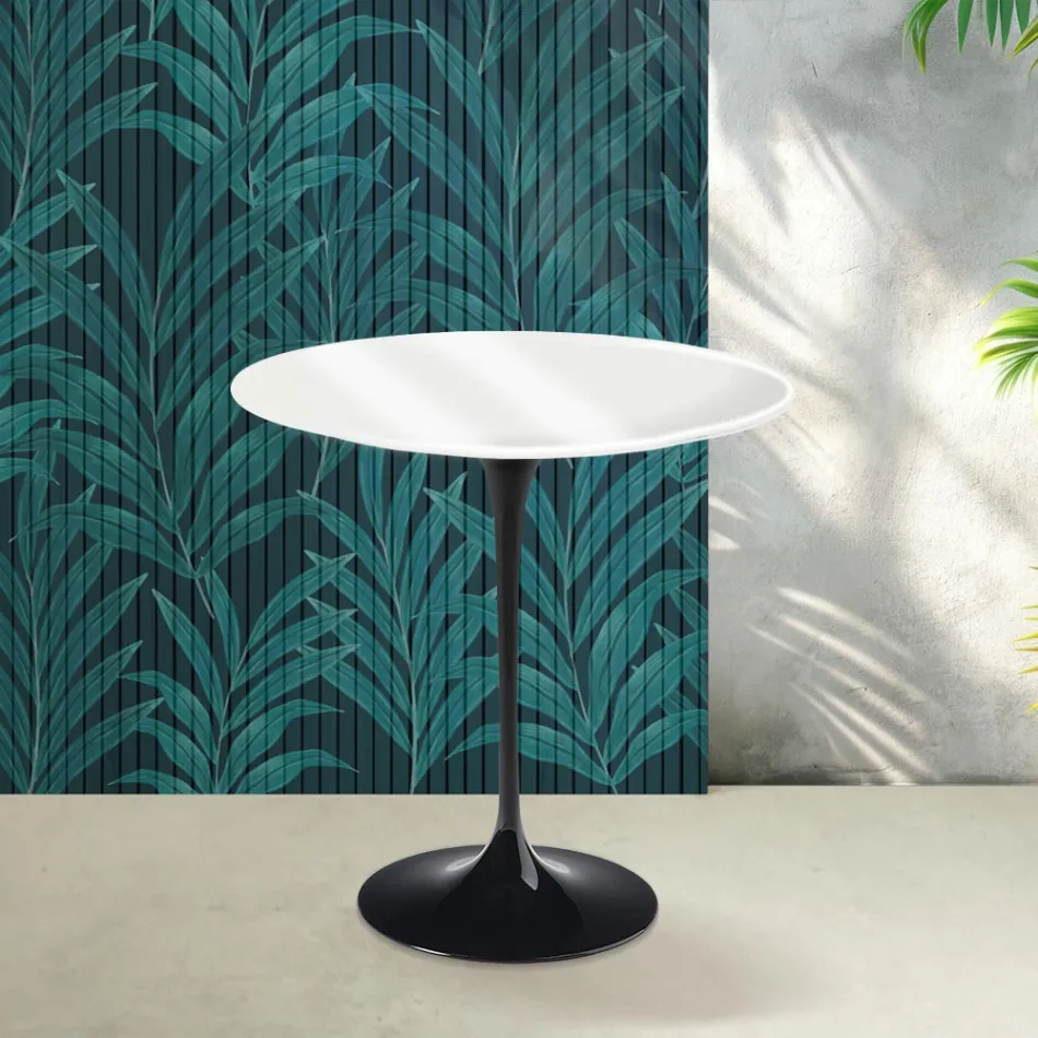 Masă de cafea Saarinen Tulip, H 52 cm, ceramică Florim albă lucioasă - stacojiu Viadurini