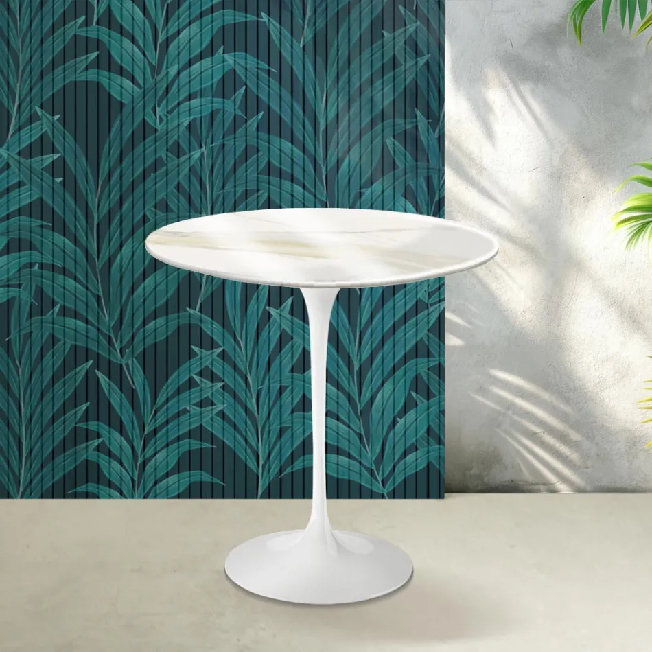 Masă de cafea Saarinen Tulip, H 52 cm, din ceramică Florim Calacatta aurie lucioasă - Scarlet Viadurini