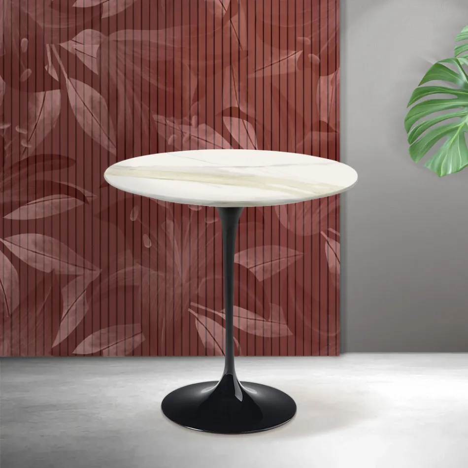 Masă de cafea Saarinen Tulip H 52 cm în ceramică Florim Calacatta aurie mată - Scarlet Viadurini
