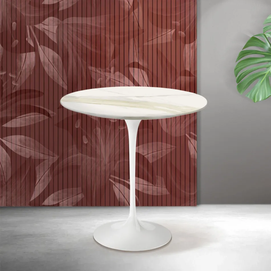 Masă de cafea Saarinen Tulip H 52 cm în ceramică Florim Calacatta aurie mată - Scarlet Viadurini
