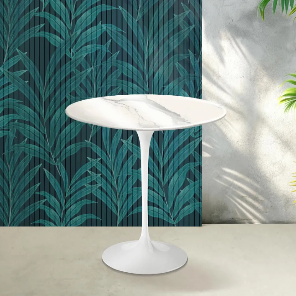 Masă de cafea Saarinen Tulip, H 52 cm, ceramică lucioasă Statuario Florim - Stacojiu Viadurini