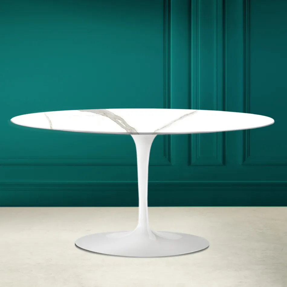 Masuta de cafea ovala Tulip Saarinen H 41 in Calacatta Michelangelo Made in Italy - Scarlet Viadurini