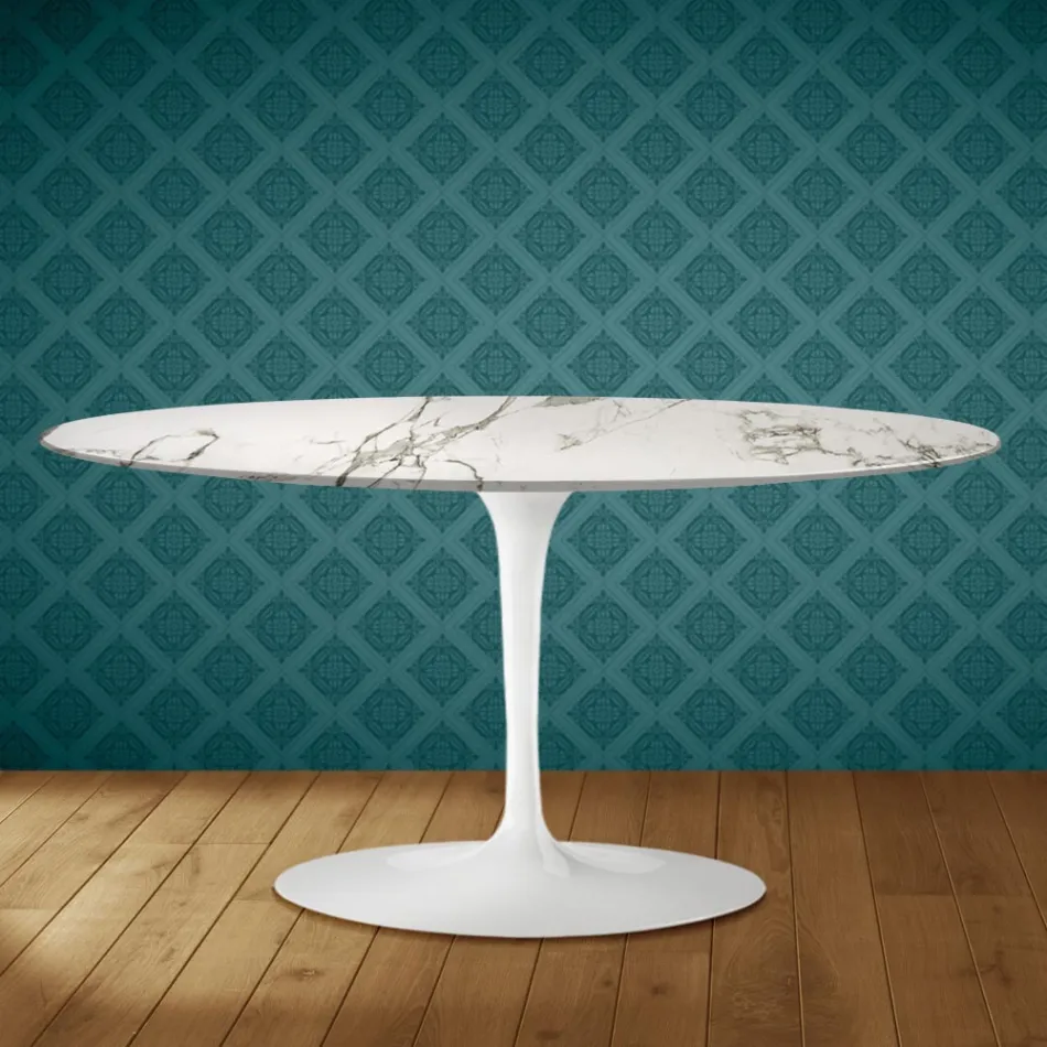 Masă de cafea Saarinen Tulip Ovală H 41 din ceramică Aura 22 Fabricată în Italia - Scarlet Viadurini