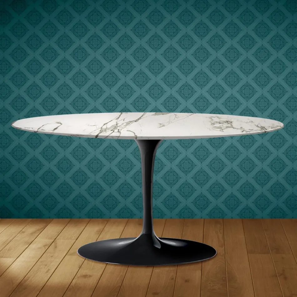 Masă de cafea Saarinen Tulip, ovală, H 41 cm, ceramică Aura 22, fabricată în Italia - Scarlet Viadurini