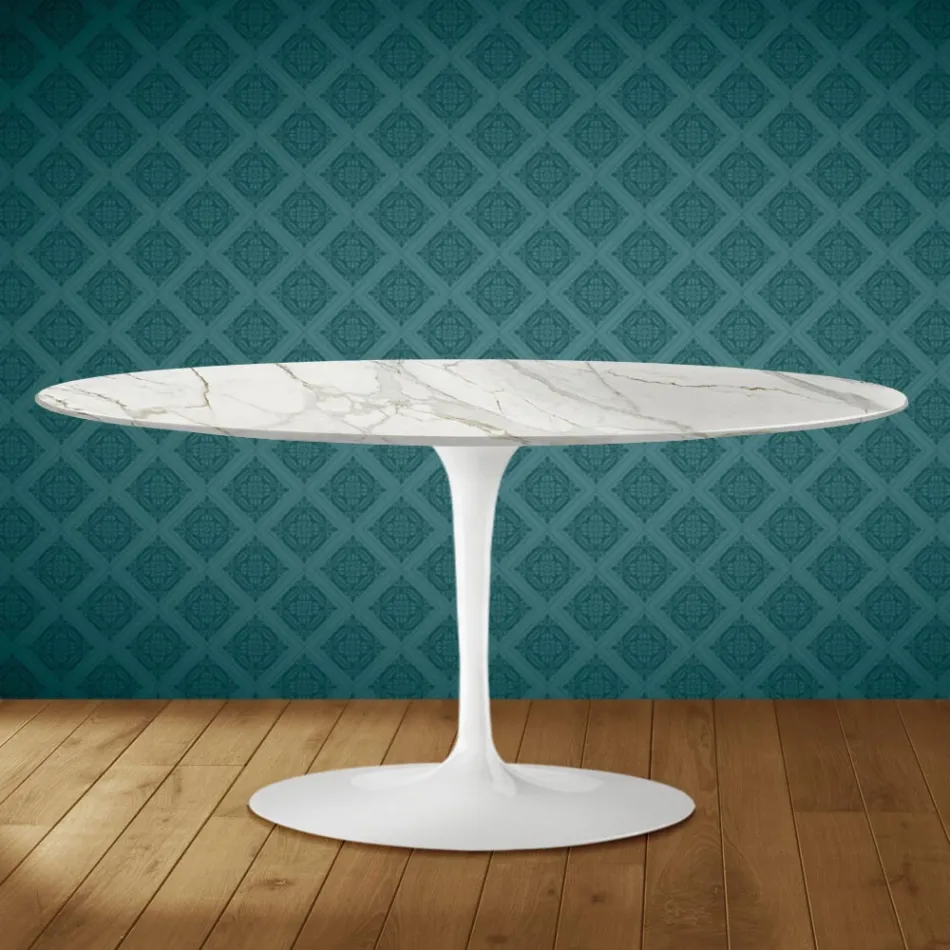 Masă de cafea Saarinen Tulip, ovală, H 41 cm, ceramică lucioasă, fabricată în Italia - Scarlet Viadurini
