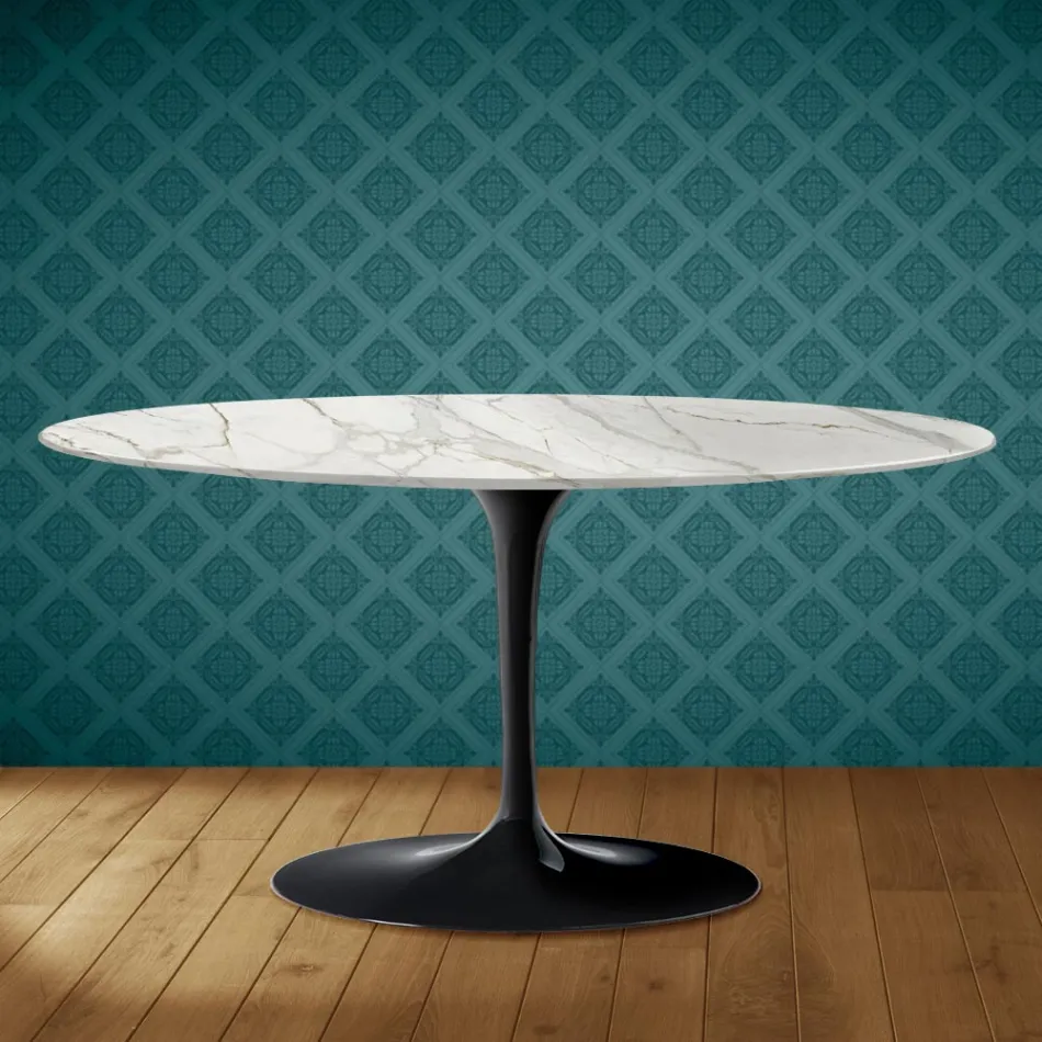 Masă de cafea Saarinen Tulip, ovală, H 41 cm, ceramică lucioasă, fabricată în Italia - Scarlet Viadurini