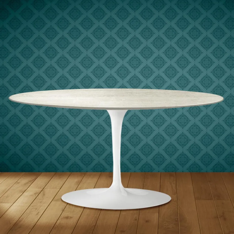Masă de cafea Saarinen Tulip, ovală, H 41 cm, ceramică Marmorio, fabricată în Italia - Scarlet Viadurini