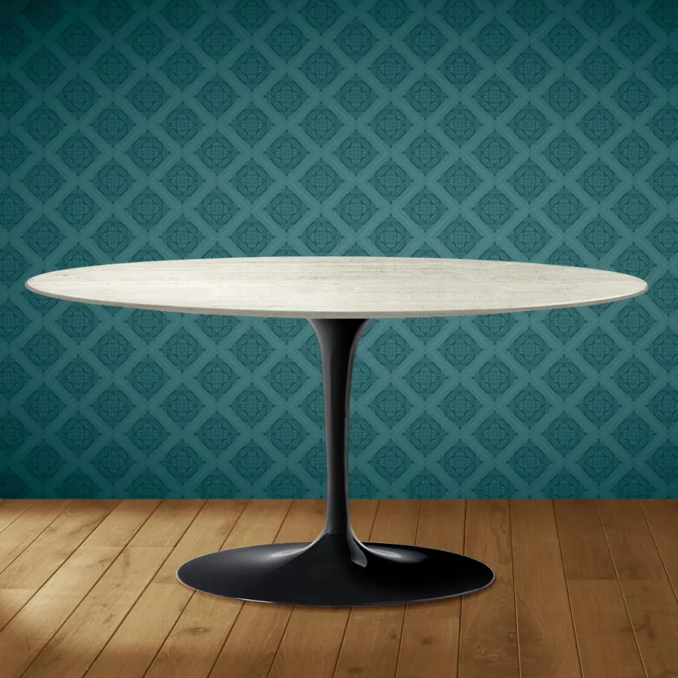 Masă de cafea Saarinen Tulip, ovală, H 41 cm, ceramică Marmorio, fabricată în Italia - Scarlet Viadurini