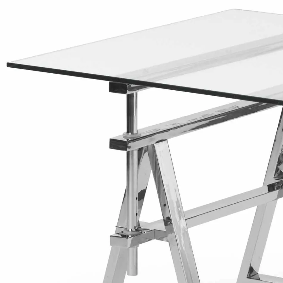 oțel / înălțime de sticlă de masă reglabilă (L190xH72 / 74 / 78xP90cm) Cristal Viadurini