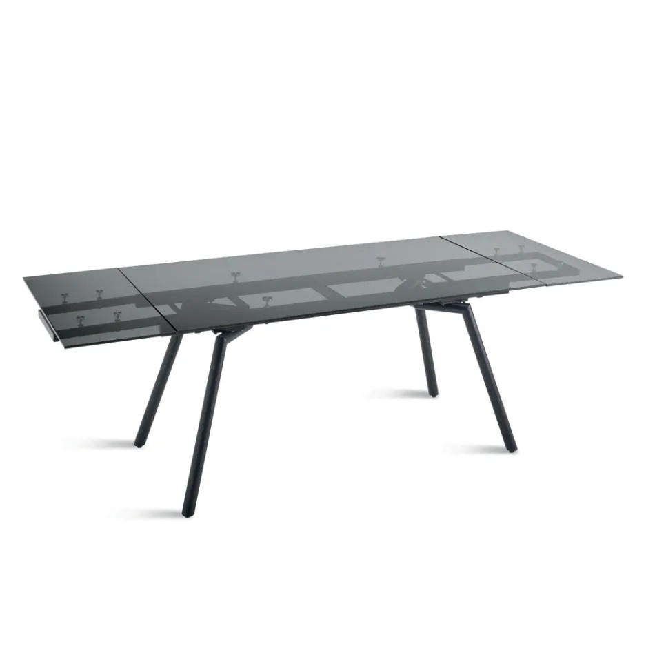 Masă extensibilă 160/240x91 cm din sticlă fumurie și bază din metal negru - Coloană Viadurini