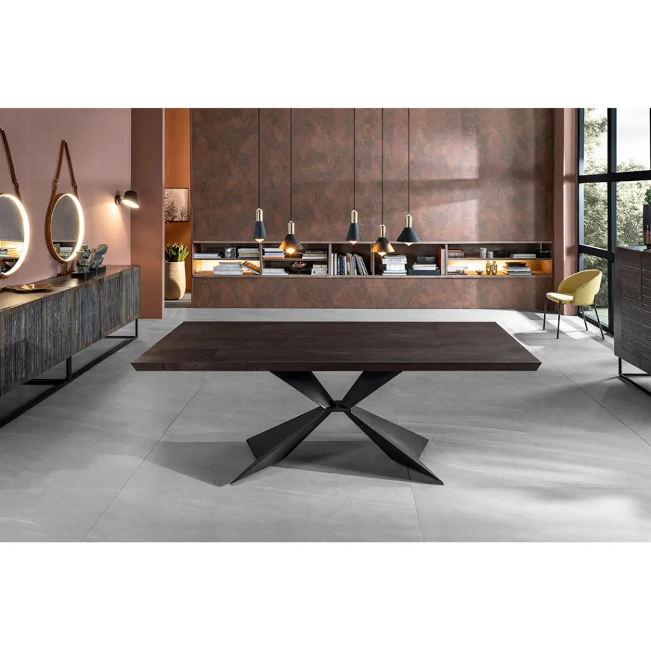 Masa extensibila pana la 300 cm cu baza metalica si blat din stejar - bleumarin Viadurini