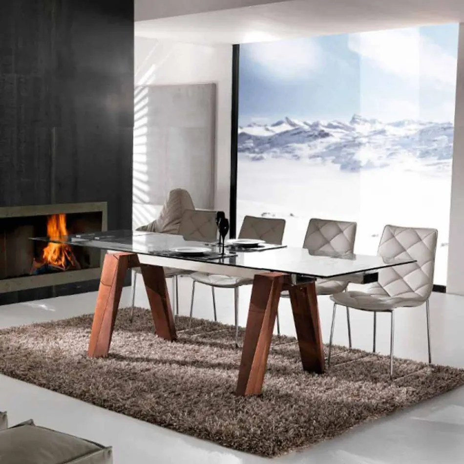 Masă extensibilă din lemn masiv și sticlă temperată din Ciad Viadurini