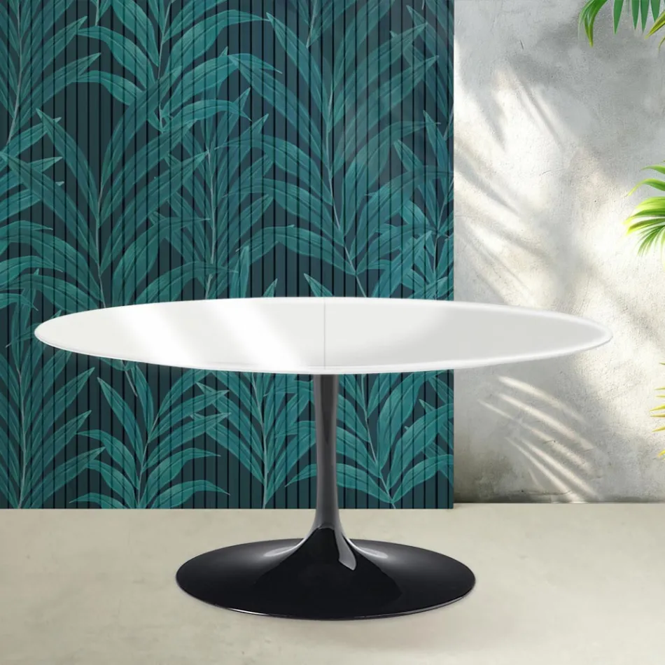 Masă extensibilă Saarinen Tulip, 74 cm, în ceramică Florim, alb lucios - stacojiu Viadurini