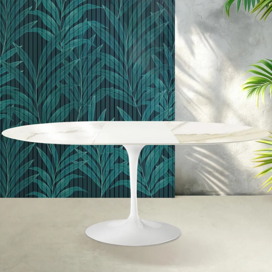 Masă extensibilă Saarinen Tulip, H 74 cm, din ceramică Florim Calacatta aurie lucioasă - Scarlet Viadurini