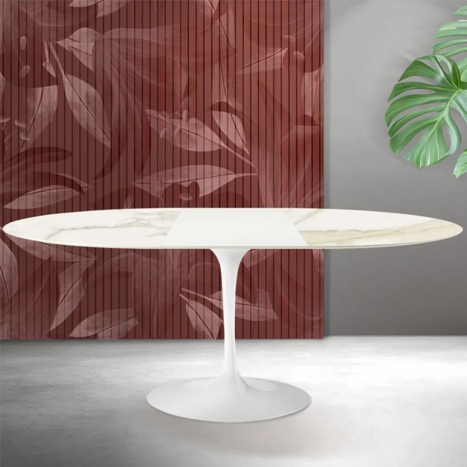 Masă extensibilă Saarinen Tulip, H 74 cm, din ceramică Florim Calacatta aurie mată - Scarlet Viadurini