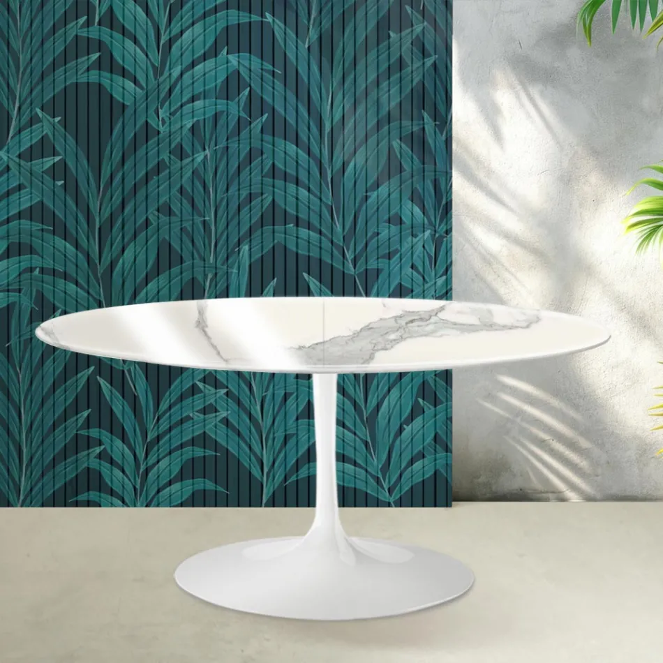 Masă extensibilă Saarinen Tulip, 74 cm, în ceramică lucioasă Statuario Florim - Stacojiu Viadurini